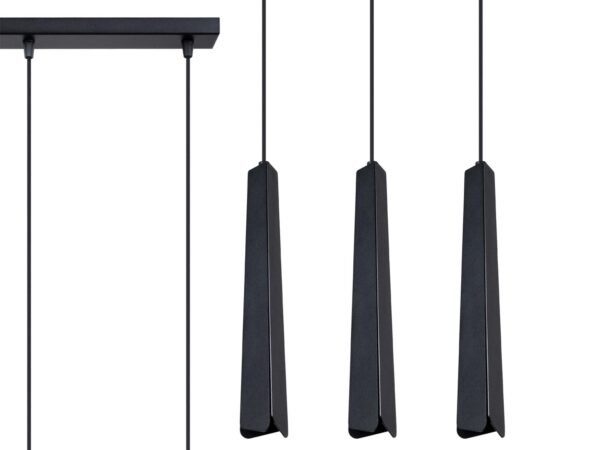 Lampa wisząca trzypunktowa na listwie czarnej z kloszami geometrycznymi