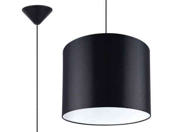 Czarna lampa wisząca z abażurem cylindrycznym i stożkowym mocowaniem