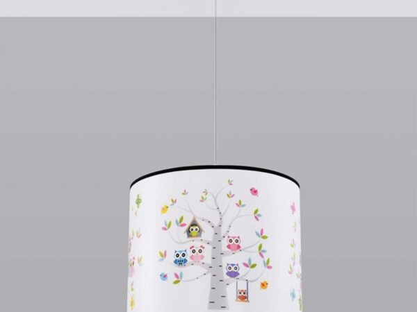 Biała lampa wisząca z kolorowymi sowami na szarym tle