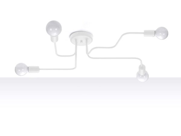 Biała lampa sufitowa z czterema żarówkami na szarym tle