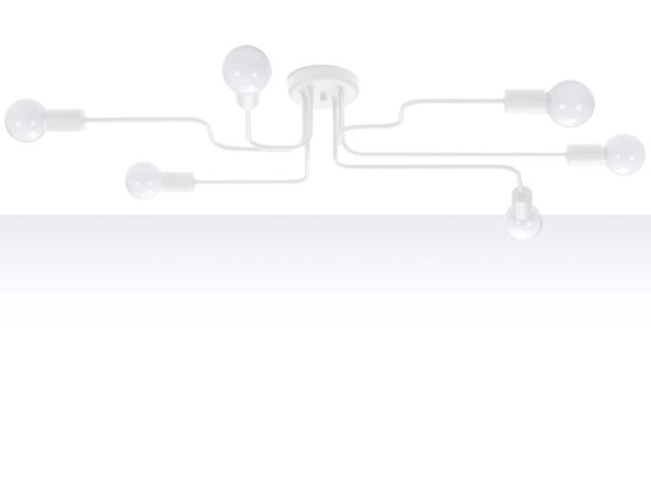 Biała lampa sufitowa z sześcioma żarówkami na szarym tle