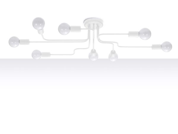 Biała lampa sufitowa z ośmioma żarówkami na szarym tle