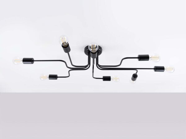 Czarna lampa sufitowa industrialna ośmiopunktowa z giętymi ramionami