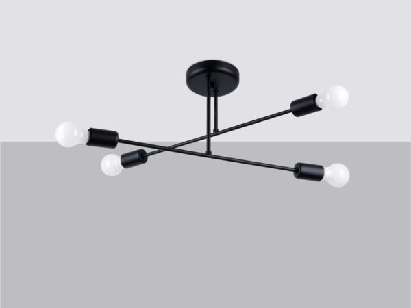 Czarna lampa z krzyżującymi się ramionami i oprawkami E27