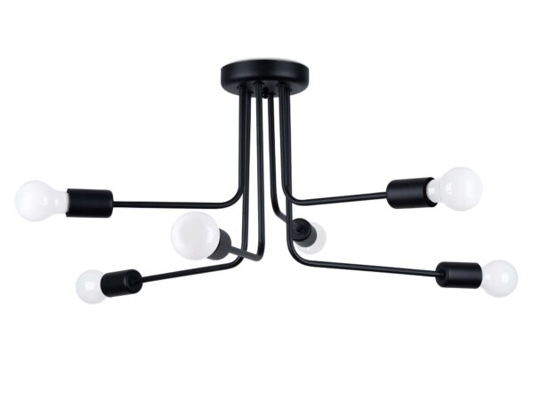 Sześcioramienna lampa sufitowa czarna z giętymi elementami na białym tle