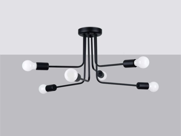 Lampa typu pajęczyna z sześcioma białymi żarówkami i czarną konstrukcją