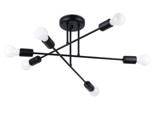 Czarna lampa z sześcioma prostymi ramionami na szarym tle