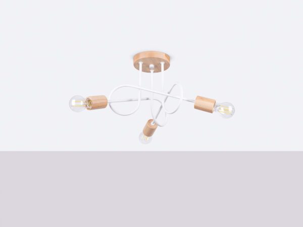 Biała lampa sufitowa trzypunktowa z drewnianymi elementami