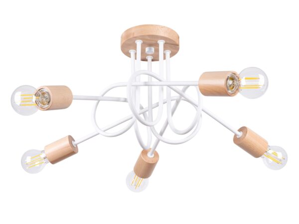 Biała lampa sufitowa pięcioramienna z drewnianymi elementami