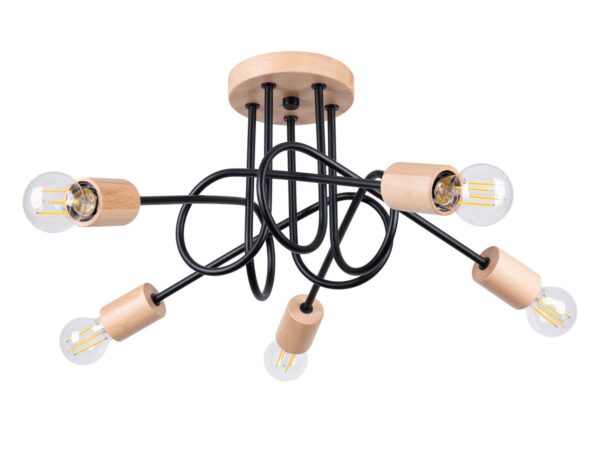 Lampa sufitowa czarna metalowa z drewnianymi oprawkami pięciopunktowa