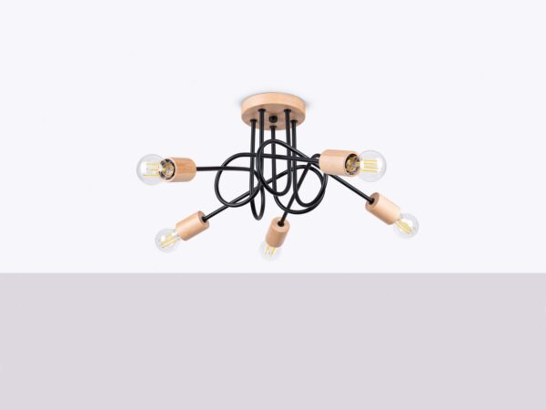 Czarna lampa sufitowa metalowa z drewnianymi oprawkami