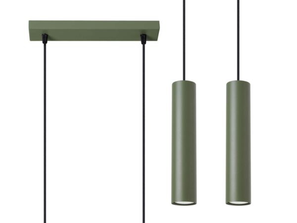 Lampa wisząca potrójna zielona z cylindrycznymi kloszami