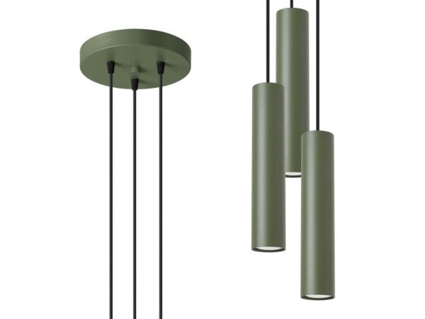 Lampa wisząca potrójna zielona z cylindrycznymi kloszami metalowymi