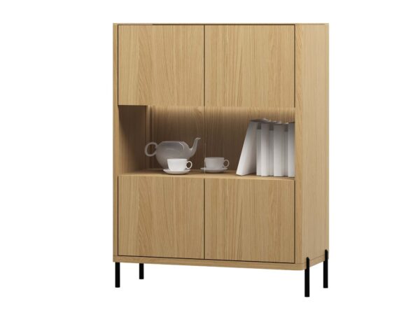 Regał dąb naturalny z otwartą półką i czterema drzwiami