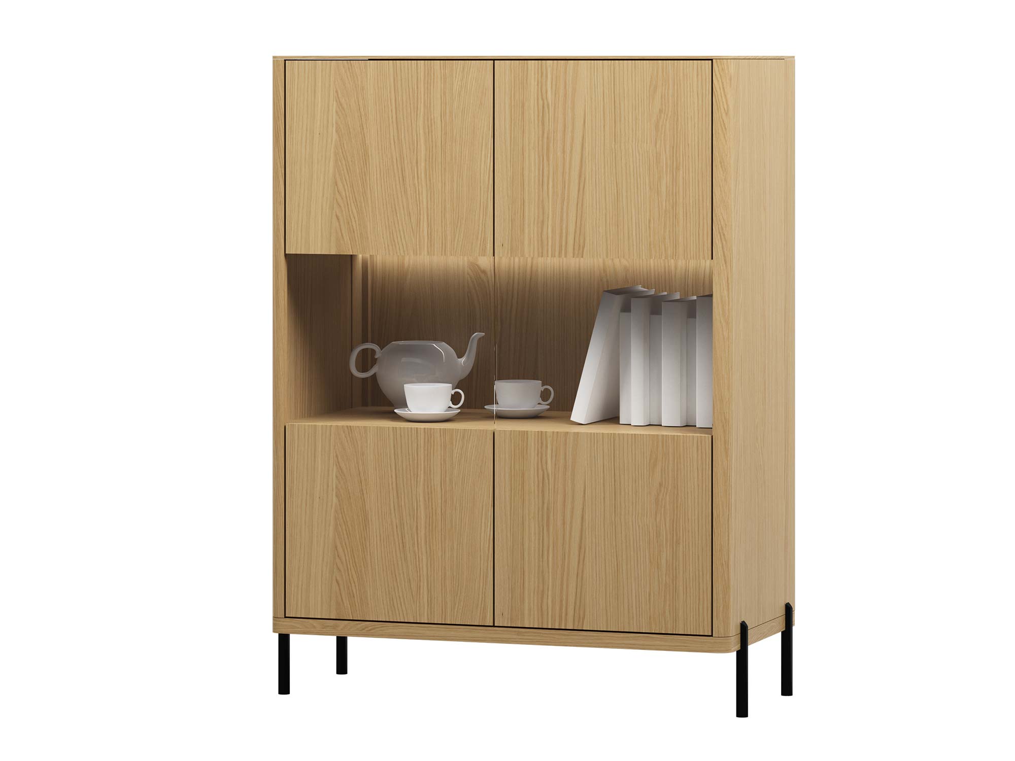 Regał dąb naturalny z otwartą półką i czterema drzwiami Regał dąb naturalny z otwartą półką i czterema drzwiami