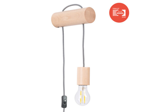 Drewniany kinkiet ścienny z żarówką na plecionym przewodzie