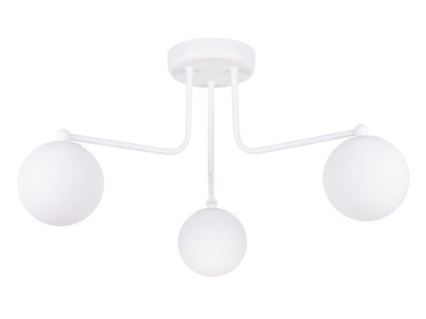 Biała lampa sufitowa z trzema szklanymi kloszami kulowymi
