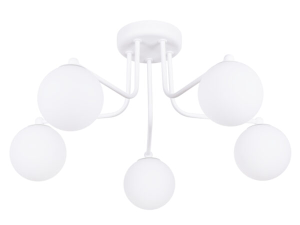 Biała lampa sufitowa pięcioramienna z kloszami kulowymi