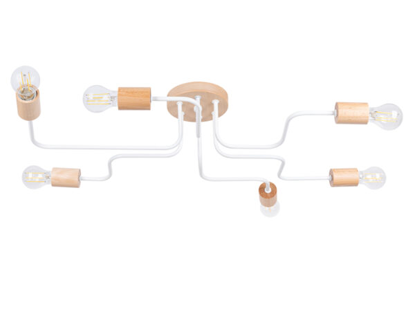 Biała lampa sufitowa pięcioramienna z drewnianymi oprawkami