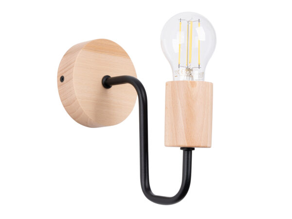 Kinkiet ścienny drewniany z czarnym metalowym ramieniem