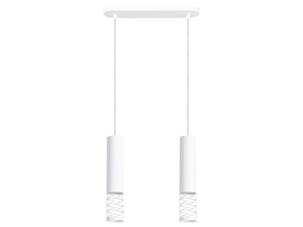 Biała lampa wisząca dwupunktowa z cylindrycznymi kloszami i spiralnym wykończeniem