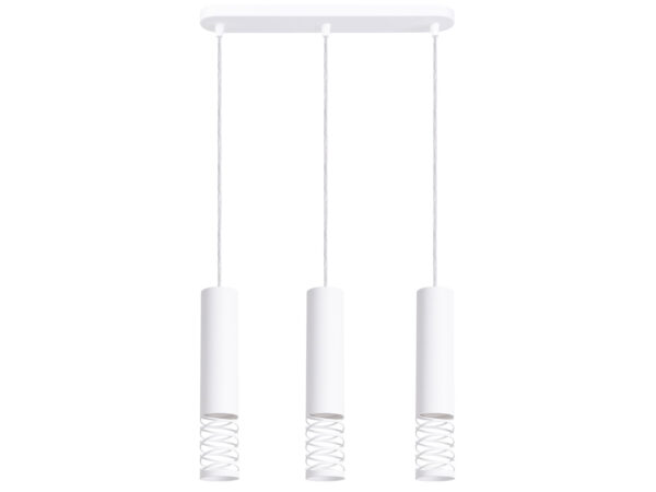 Biała lampa wisząca potrójna z cylindrycznymi kloszami i spiralnym wykończeniem
