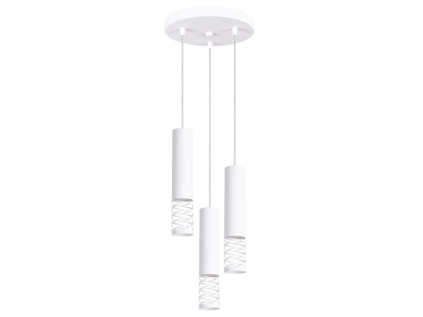 Biała lampa wisząca potrójna z cylindrycznymi kloszami i spiralnym dekorem