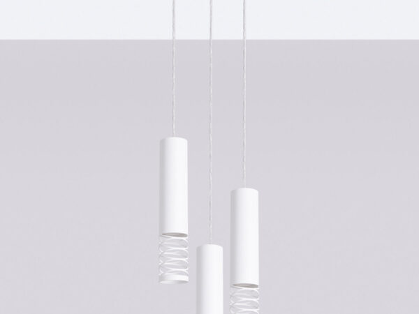 Biała lampa wisząca potrójna z cylindrycznymi kloszami