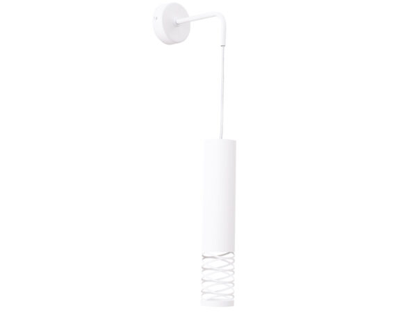 Biały kinkiet ścienny z cylindrycznym kloszem i spiralnym wykończeniem