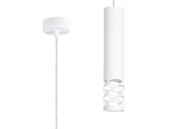 Biała lampa wisząca cylindryczna z ażurowym wykończeniem