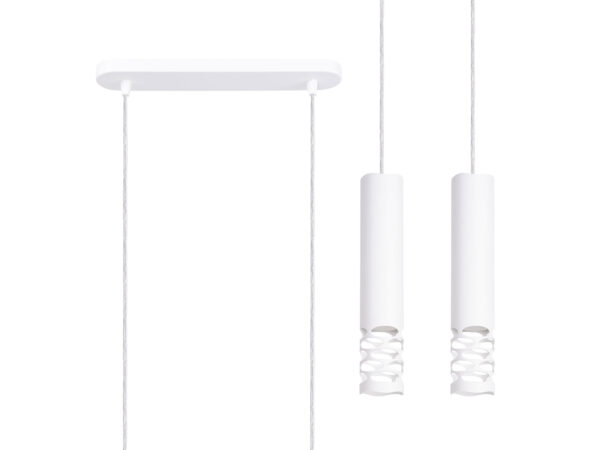 Biała lampa wisząca potrójna z ażurowymi kloszami cylindrycznymi