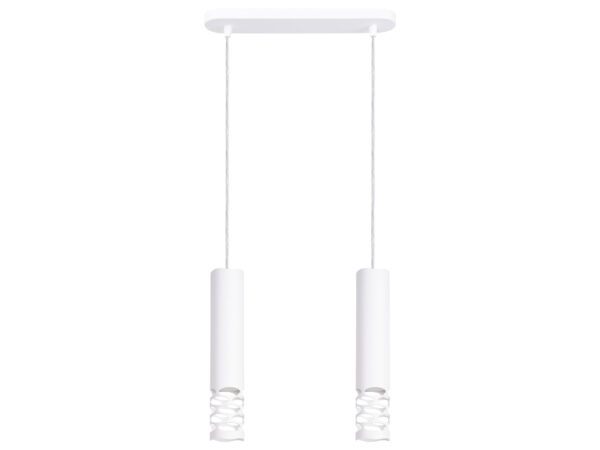 Biała lampa wisząca podwójna z ażurowymi kloszami cylindrycznymi