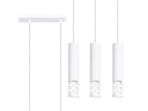 Biała lampa wisząca potrójna z ażurowymi kloszami cylindrycznymi