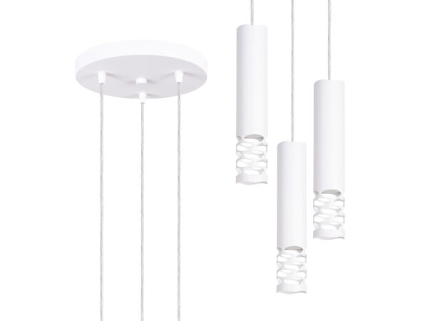 Biała lampa wisząca potrójna z ażurowymi kloszami tubowymi