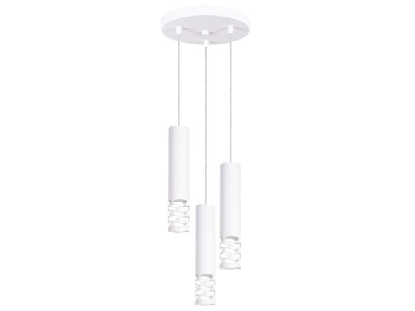 Biała lampa wisząca potrójna z ażurowymi kloszami cylindrycznymi