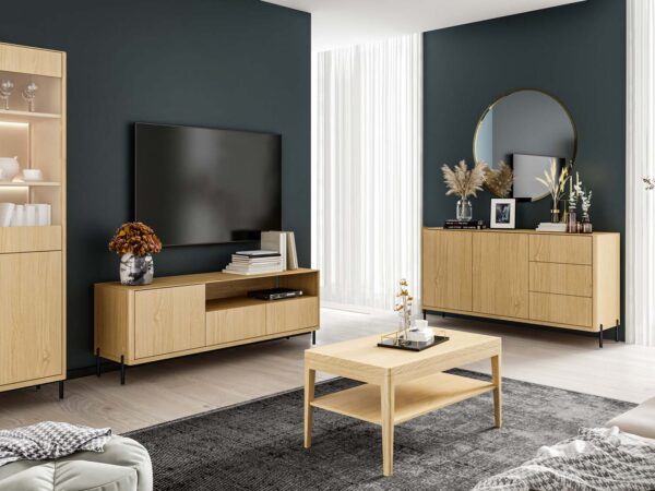 Zestaw mebli dąb naturalny w aranżacji salonu z TV