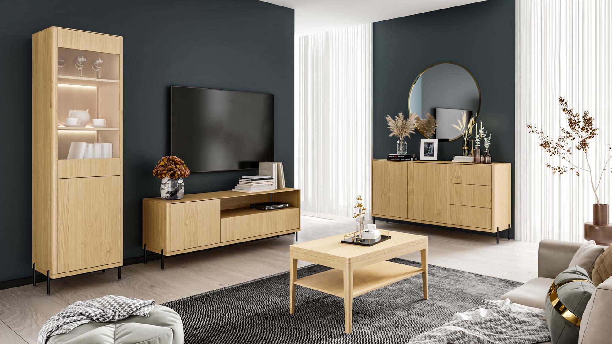 Zestaw mebli dąb naturalny w aranżacji salonu z TV