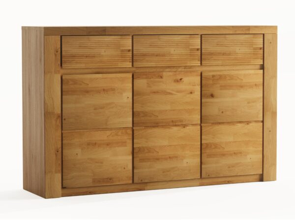 Trzydrzwiowa komoda z litego dębu z dekoracyjnym frezowaniem