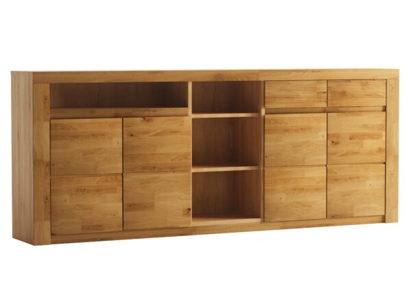 Duża komoda z otwartymi półkami pośrodku i drzwiami po bokach