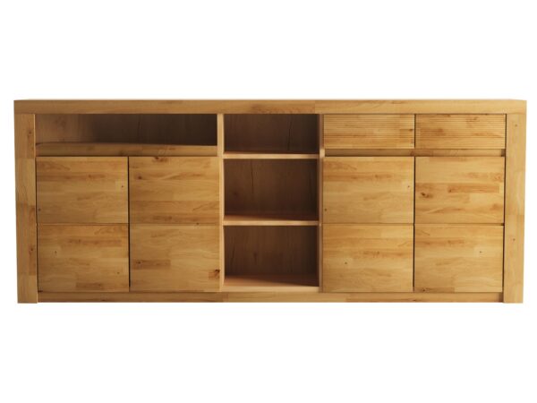 Komoda dębowa z centralną sekcją ekspozycyjną i frezowanymi szufladami