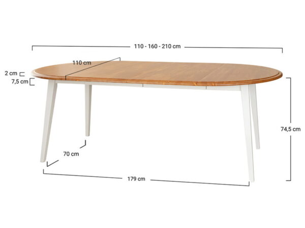 Wymiary stołu owalnego z białymi nogami 110-210 cm