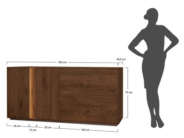 Rysunek techniczny komoda dębowa 185x79 cm z LED