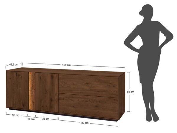 Rysunek techniczny szafka RTV dębowa 165x60 cm z LED