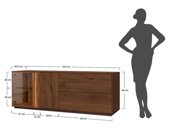 Rysunek techniczny szafka RTV dębowa 165x60 cm z witryną