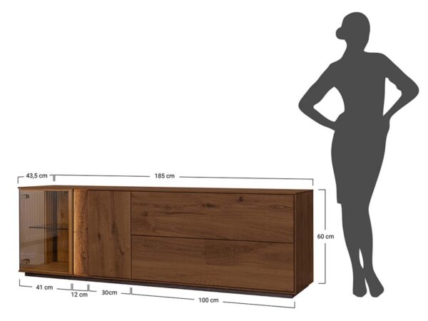 Rysunek techniczny szafka RTV dębowa 185x60 cm z witryną