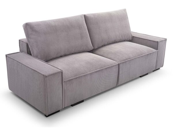 Szara sofa trzyosobowa sztruksowa z szerokimi podłokietnikami