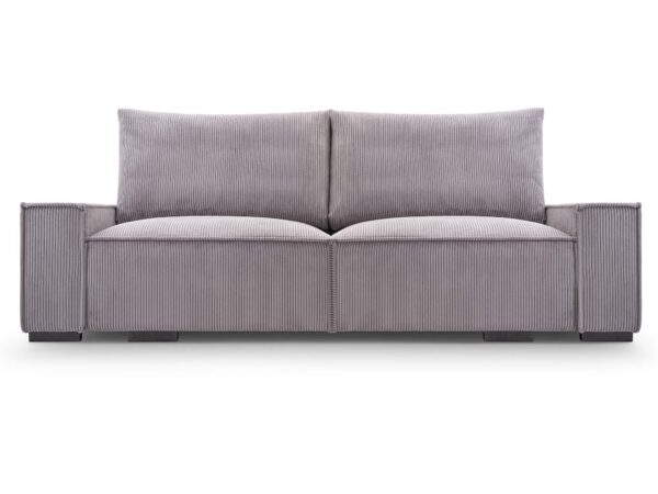 Szara sofa trzyosobowa tapicerowana sztruksem z miękkimi poduszkami