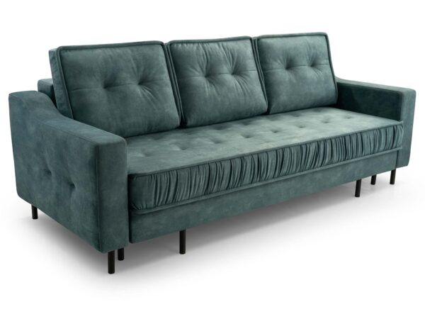 Trzyosobowa sofa pikowana zielona na czarnych metalowych nóżkach