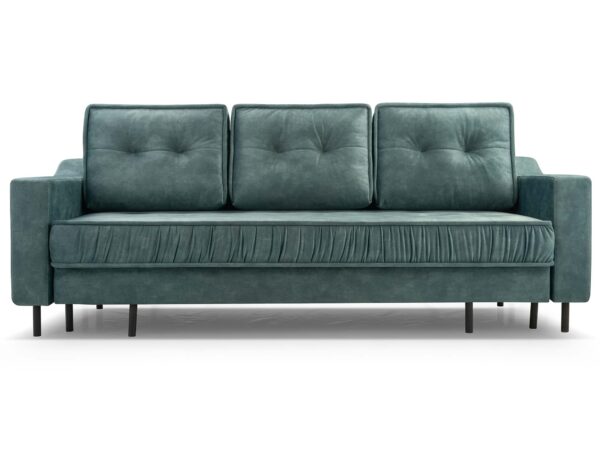 Trzyosobowa sofa tapicerowana zielona z pikowanymi oparciami na czarnych nóżkach