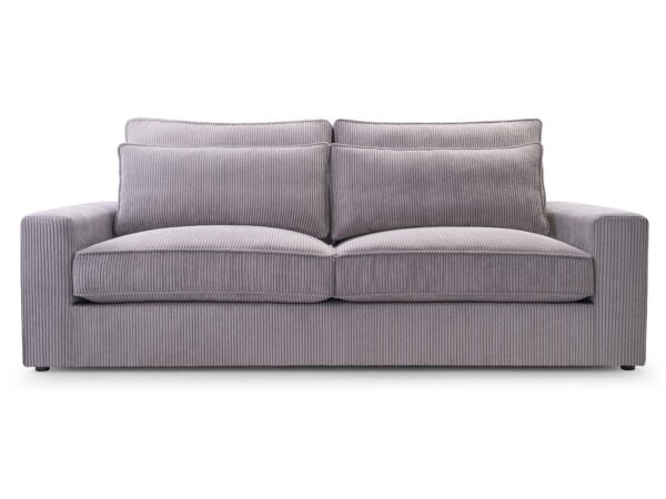 Szara sofa dwuosobowa sztruksowa z miękkimi poduszkami oparcia